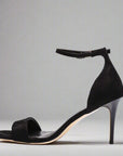 Black suede cushioned ankle strap heels for women, sizes 10-14.5 - Peculiarity Footwear, LLC