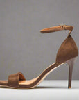Brown suede ankle strap heels with cushioned footbed, extended sizes - Peculiarity Footwear, LLC