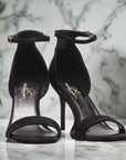 Cushioned black suede ankle strap heels, available in sizes 10, 13.5, 14.5 - Peculiarity Footwear, LLC