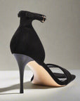 Black suede cushioned heels for women, sizes 10-14.5, ankle strap design - Peculiarity Footwear, LLC