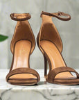 Brown suede cushioned heels with ankle strap, sizes 10-14.5, half sizes included - Peculiarity Footwear, LLC