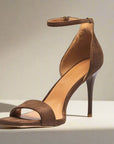 Brown suede heels with ankle strap, cushioned and available in half sizes - Peculiarity Footwear, LLC