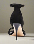 Cushioned black suede ankle strap heels, available in sizes 10, 13.5, 14.5 - Peculiarity Footwear, LLC
