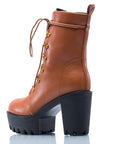 Chunky heel platform boots, brown laced-up design for women - Peculiarity Footwear, LLC