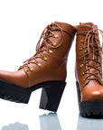 Brown lace-up platform boots with chunky heels, extended size - Peculiarity Footwear, LLC