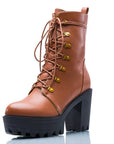 Women's brown chunky heel platform boots with lace-up front - Peculiarity Footwear, LLC