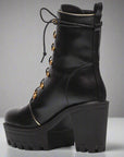 Women's black lace-up platform boots, chunky heel style - Peculiarity Footwear, LLC