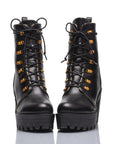 Women's black chunky heel boots with lace-up design, platform style - Peculiarity Footwear, LLC