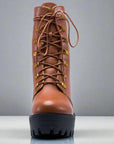 Brown platform boots with chunky heels and lace-up detail - Peculiarity Footwear, LLC