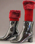 Wine red fur leg warmers paired with black mahogany (fancy deep brown) boots, stylish look - Peculiarity Footwear, LLC
