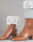 Grey fur leg warmers with chunky heel boots, cozy and chic - Peculiarity Footwear, LLC