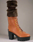 Brown fur leg warmers with leather boots, extended sizes available - Peculiarity Footwear, LLC