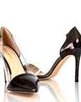 Women’s extended-size dress heel in dark brown with transparent side panel.