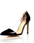 Dark brown patent stiletto heel styled with neutral outfit, sizes 8–13.
