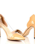 Women’s extended-size dress heel in nude with transparent side panel.