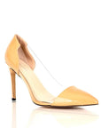 Nude patent pointed-toe stiletto heel with transparent sides, extended sizes 8–13.