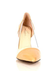 Peculiarity Footwear's extended-size nude leather heels in beige, offering style in sizes 8-13.