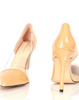 Peculiarity Footwear's extended-size nude leather heels in beige, offering style in sizes 8-13.