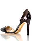 Close-up of clear PVC side panel on pointed-toe stiletto heel.