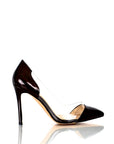 Dark brown patent pointed-toe stiletto heel with clear side panels for women, size 8–13.