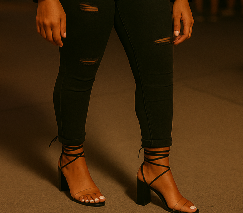 Elegant Black Block Heeled Sandals. Side Angle View - Signature Peculiarity Footwear