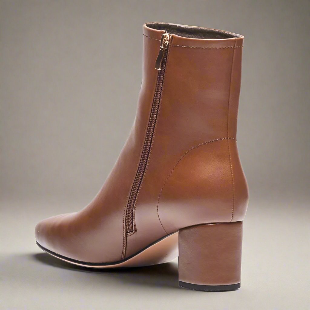 Elegant brown patent leather ankle boots in women's extended sizes - Peculiarity Footwear, LLC