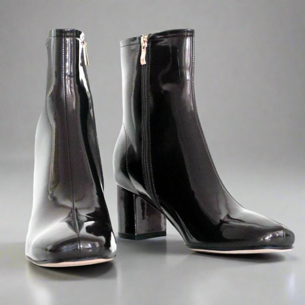 Women's black mahogany ankle boots, patent leather style - Peculiarity Footwear, LLC