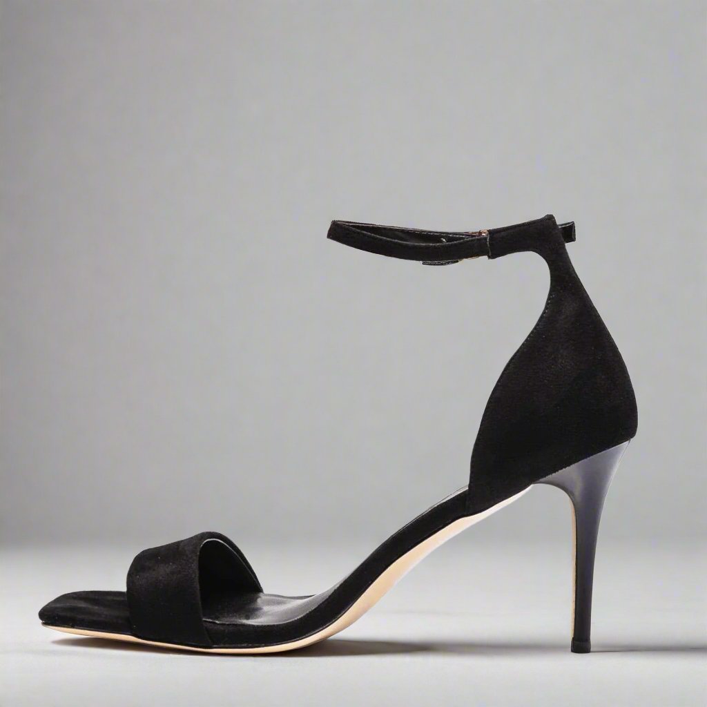 Black suede cushioned ankle strap heels for women, sizes 10-14.5 - Peculiarity Footwear, LLC