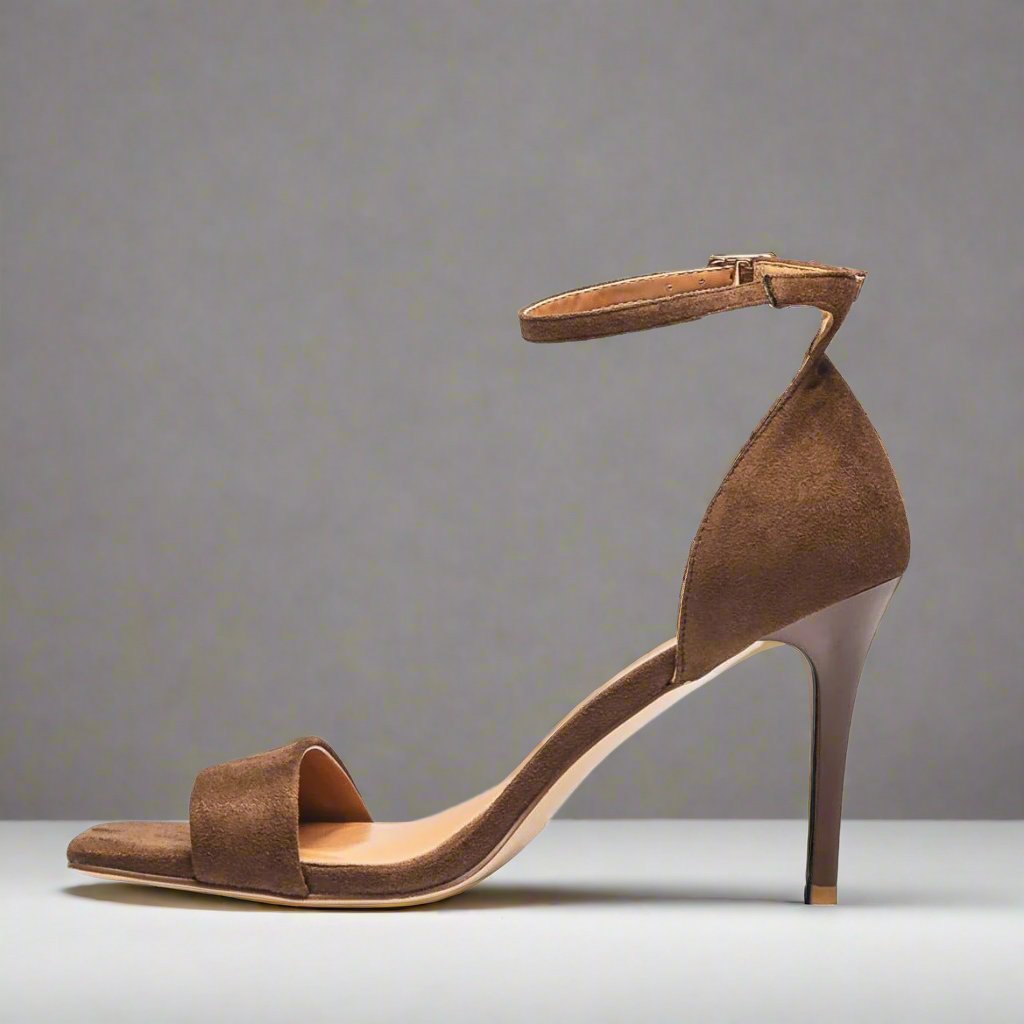 Brown suede ankle strap heels with cushioned footbed, extended sizes - Peculiarity Footwear, LLC