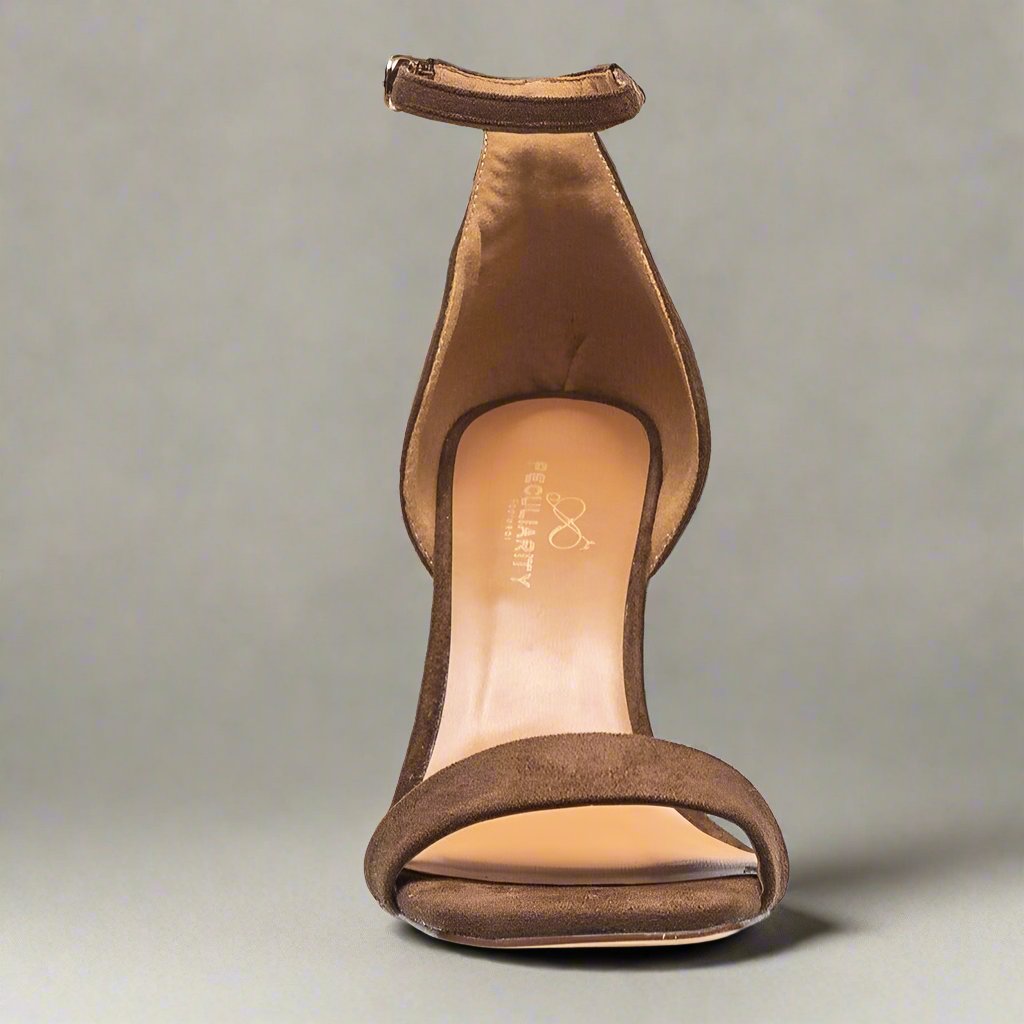 Comfortable brown suede ankle strap heels, extended sizes with half sizes- Peculiarity Footwear, LLC