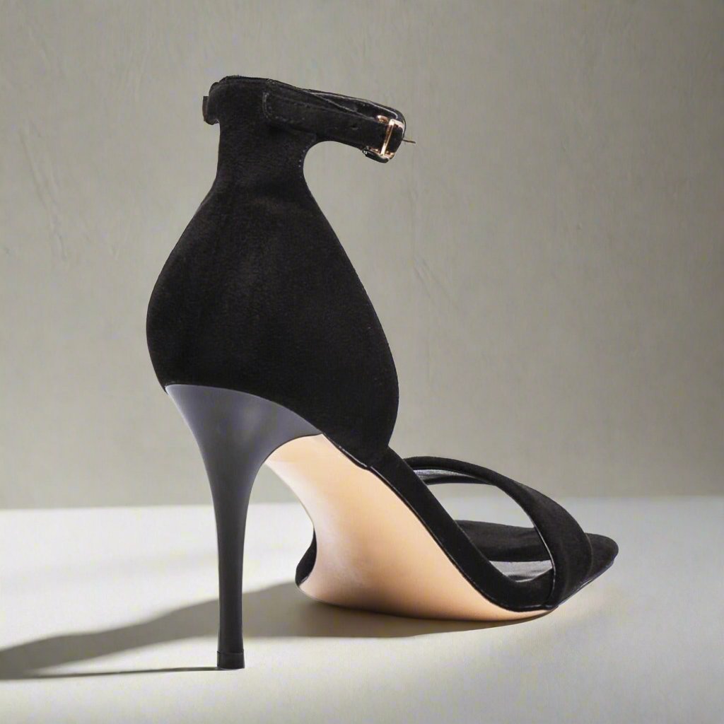 Black suede cushioned heels for women, sizes 10-14.5, ankle strap design - Peculiarity Footwear, LLC