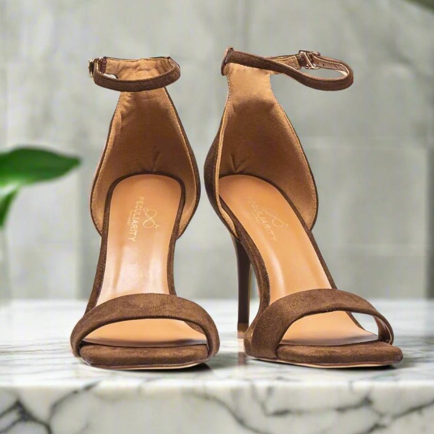 Brown suede cushioned heels with ankle strap, sizes 10-14.5, half sizes included - Peculiarity Footwear, LLC