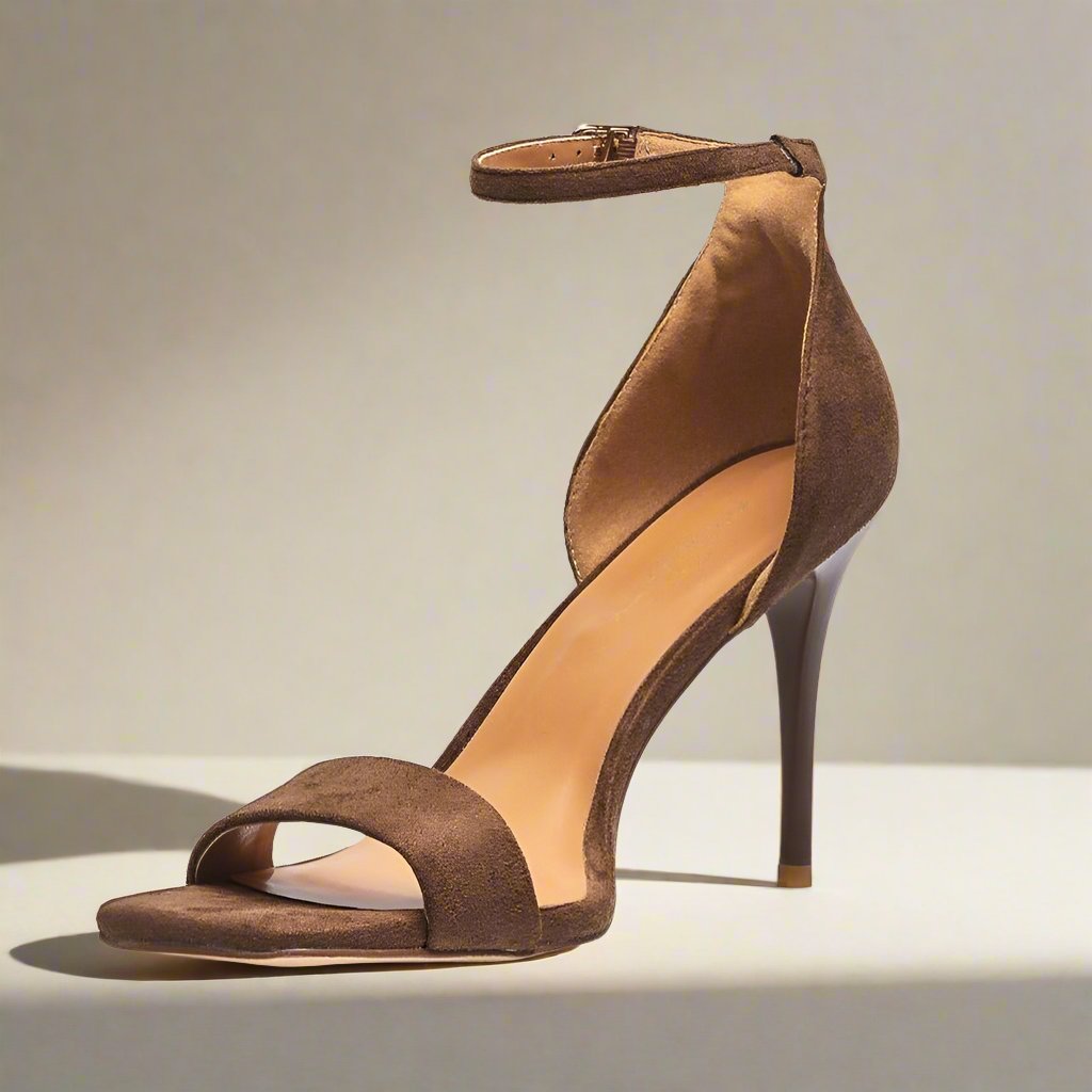 Brown suede heels with ankle strap, cushioned and available in half sizes - Peculiarity Footwear, LLC