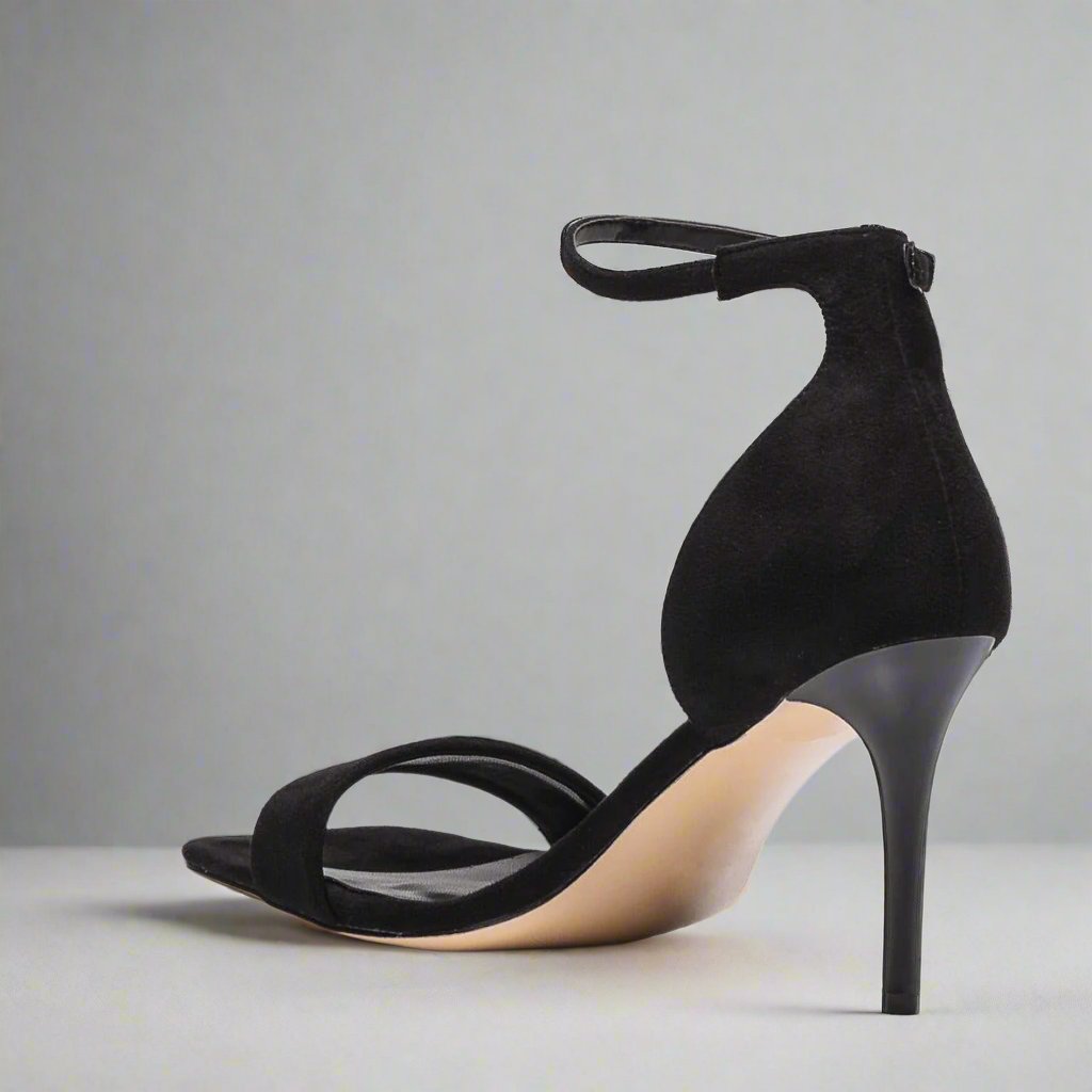 Black suede cushioned heels with ankle strap, sizes 10-14.5, half sizes included - Peculiarity Footwear, LLC