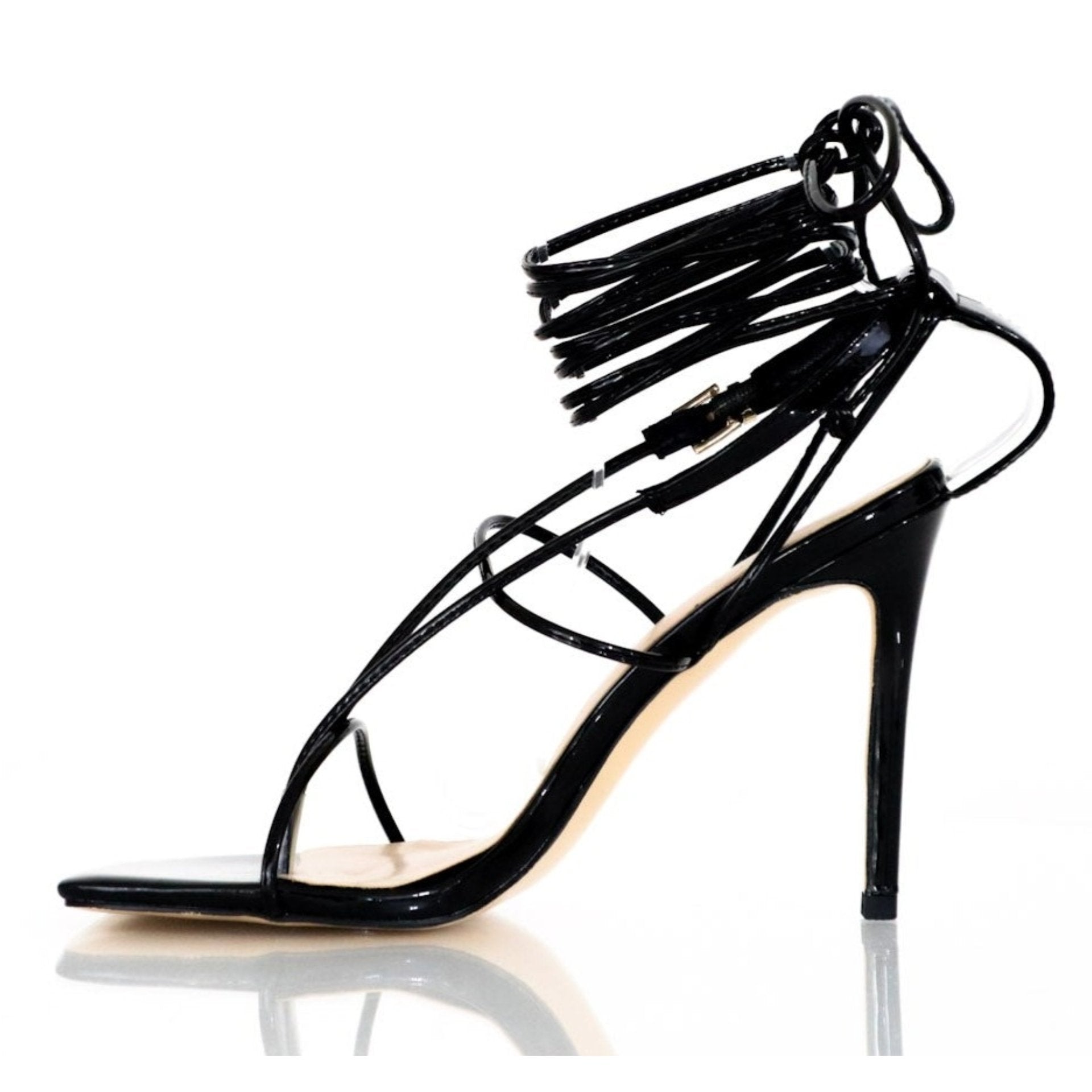 Black square-toe stiletto heeled sandals for women, sizes 8-14 - Peculiarity Footwear, LLC