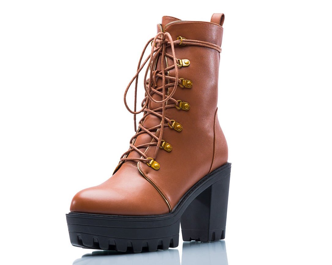 Women's brown chunky heel platform boots with lace-up front - Peculiarity Footwear, LLC