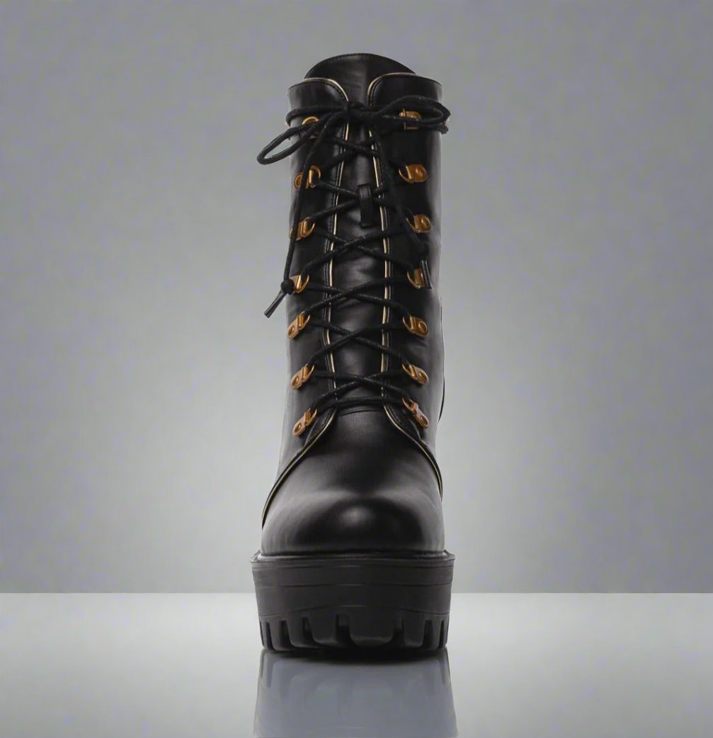 Black laced-up chunky platform boots, women's large sizes - Peculiarity Footwear, LLC