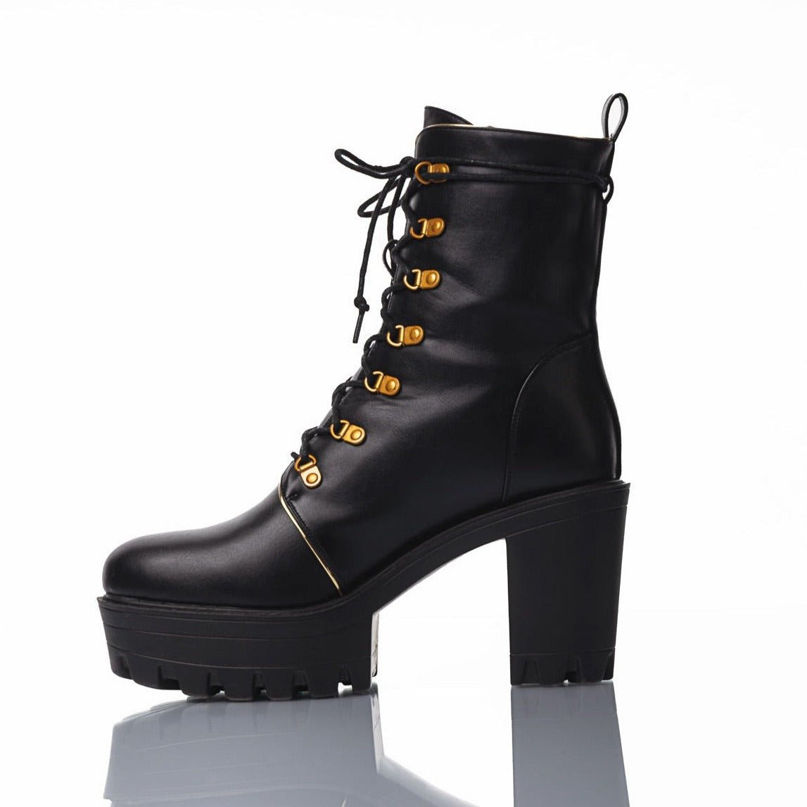 Black platform boots with chunky heels, lace-up design for women - Peculiarity Footwear, LLC