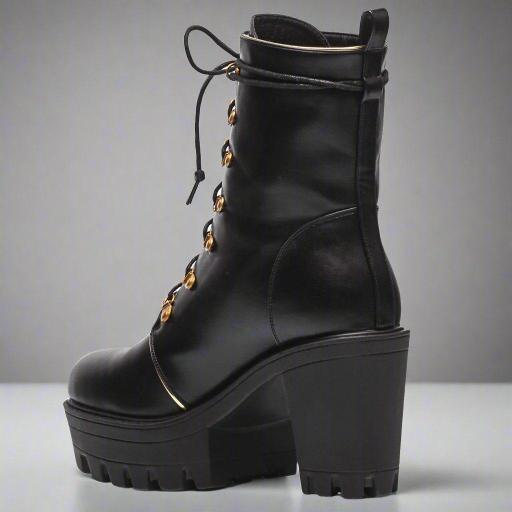 Women's black lace-up platform boots, chunky heel style - Peculiarity Footwear, LLC