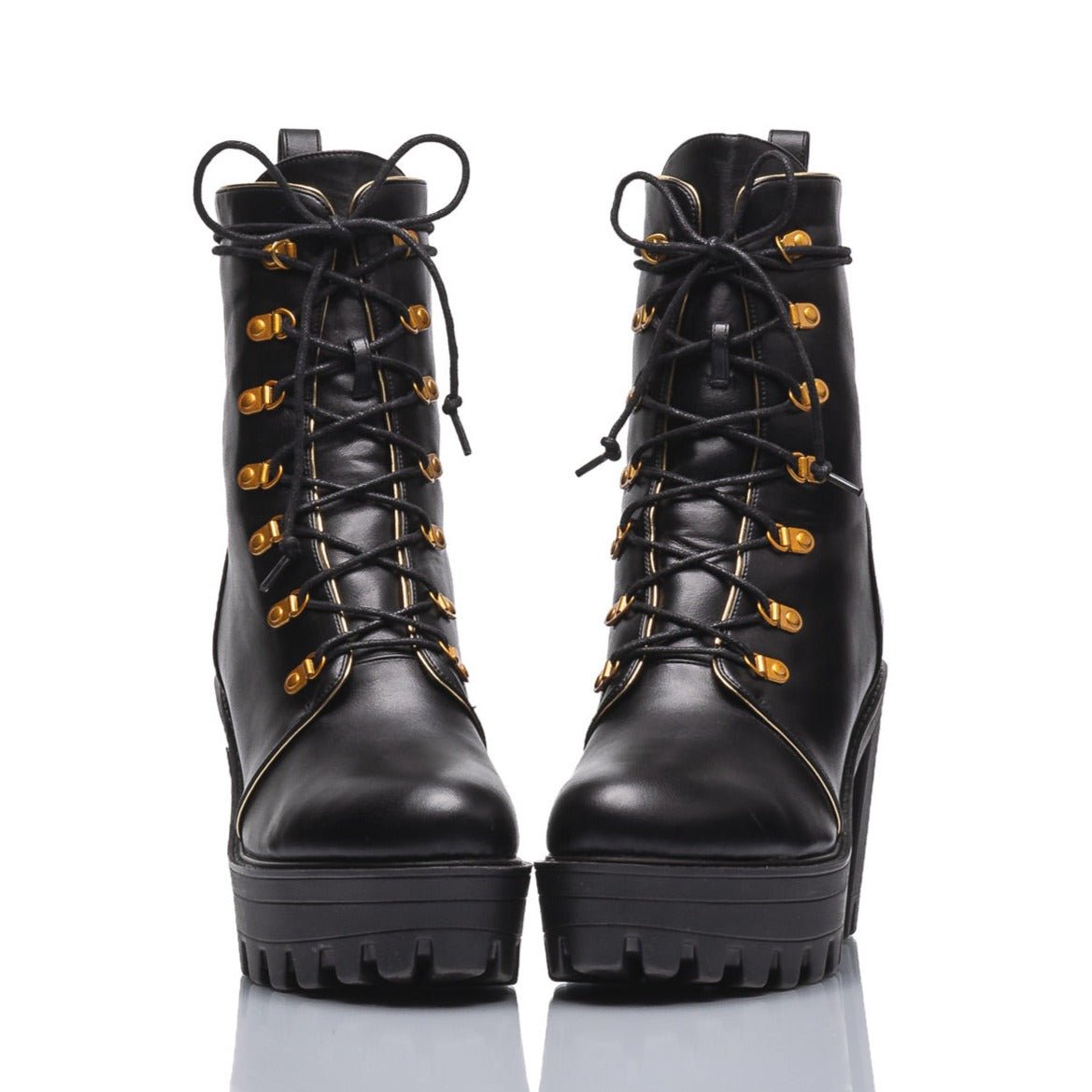 Women's black chunky heel boots with lace-up design, platform style - Peculiarity Footwear, LLC