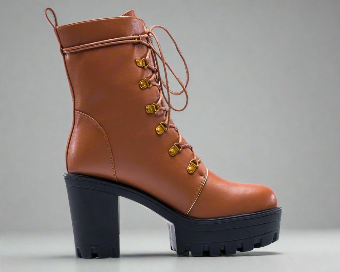 Brown laced-up platform boots with chunky heels, women's sizes - Peculiarity Footwear, LLC