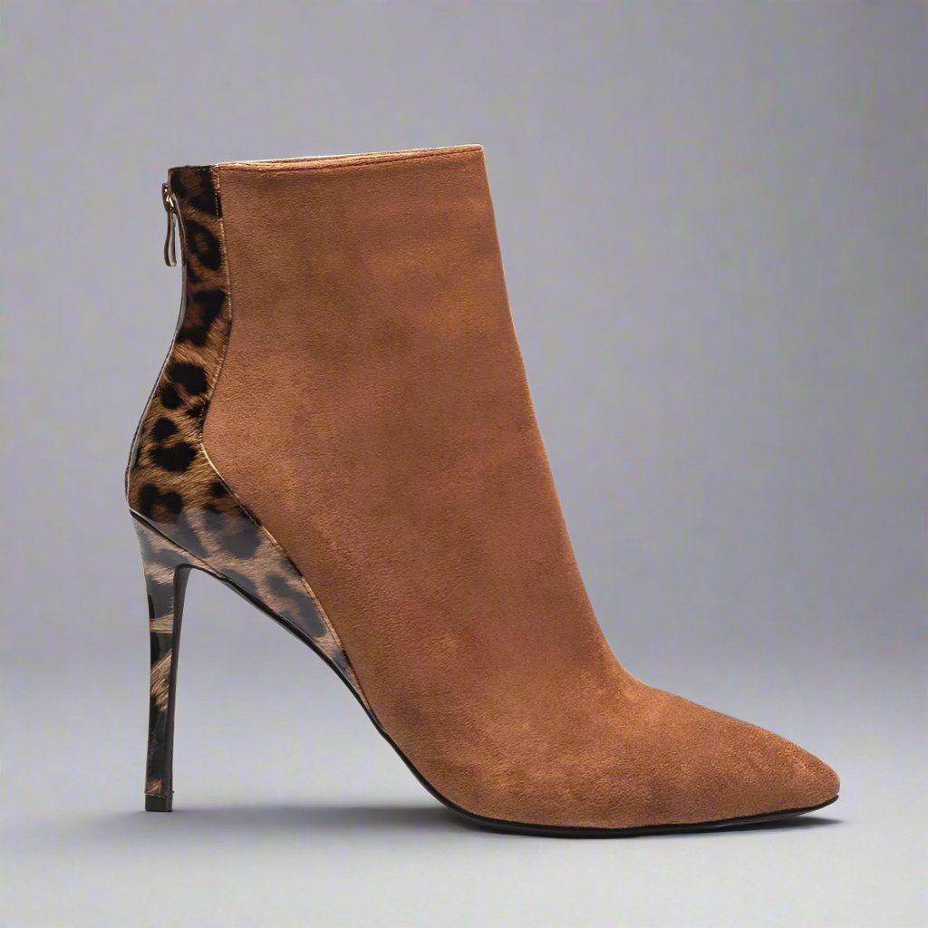 Leopard print accent brown ankle boots, sizes 10-15 - Peculiarity Footwear, LLC