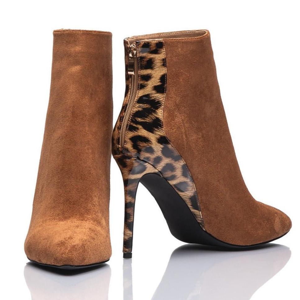 Leopard strip brown ankle boots in large women's sizes - Peculiarity Footwear, LLC