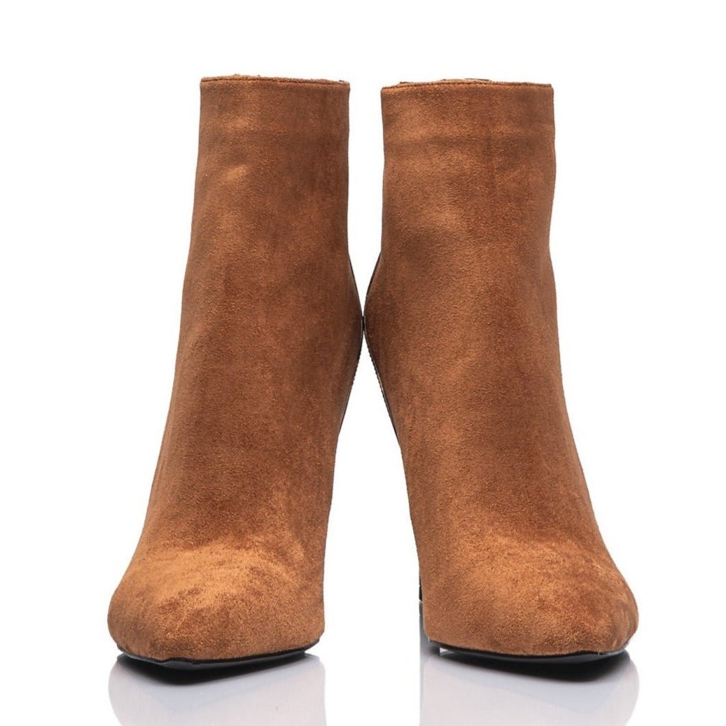 Brown suede ankle boots with leopard strip, extended sizes for women - Peculiarity Footwear, LLC