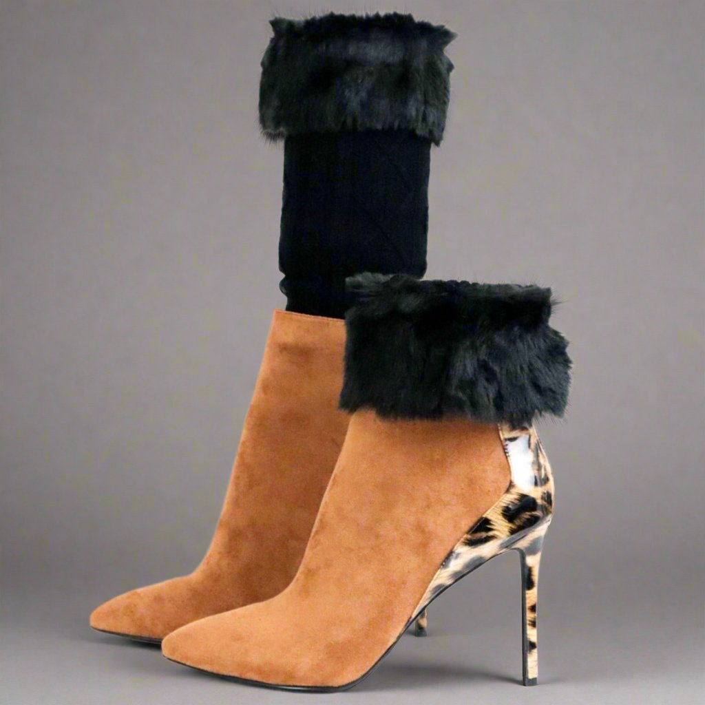 Black fur leg warmers worn with ankle boots, perfect winter style - Peculiarity Footwear, LLC