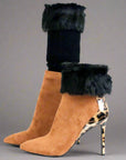 Black fur leg warmers worn with ankle boots, perfect winter style - Peculiarity Footwear, LLC