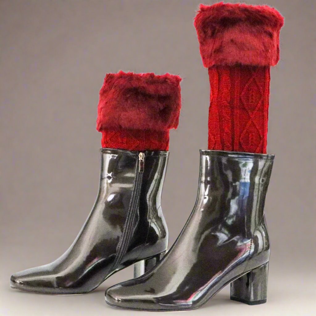 Wine red fur leg warmers paired with black mahogany (fancy deep brown) boots, stylish look - Peculiarity Footwear, LLC