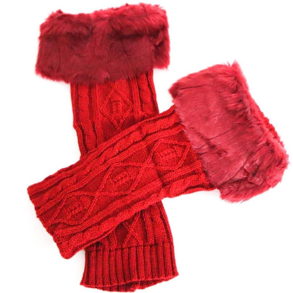 Wine red fur leg warmers, wear with stiletto boots, bold winter fashion - Peculiarity Footwear, LLC