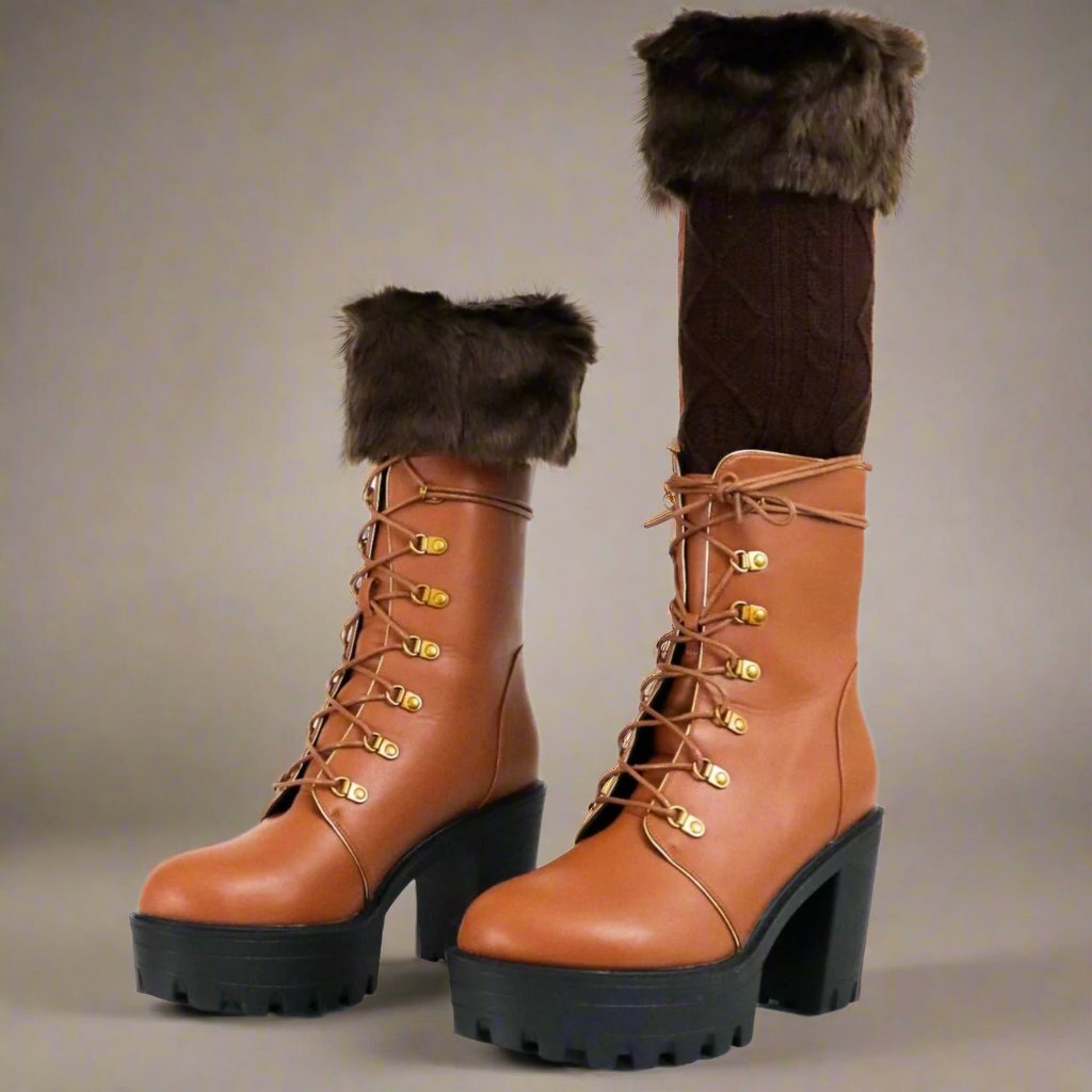 Brown fur leg warmers with leather platform boots, fashionable and warm - Peculiarity Footwear, LLC