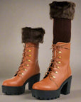 Brown fur leg warmers with leather platform boots, fashionable and warm - Peculiarity Footwear, LLC